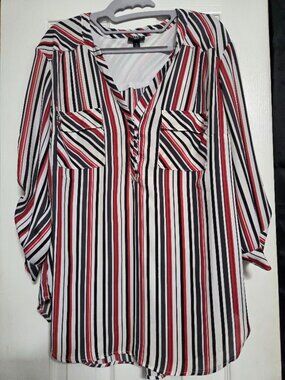 Torrid Harper Striped Georgette Blouse Black White Red 2X 18/20